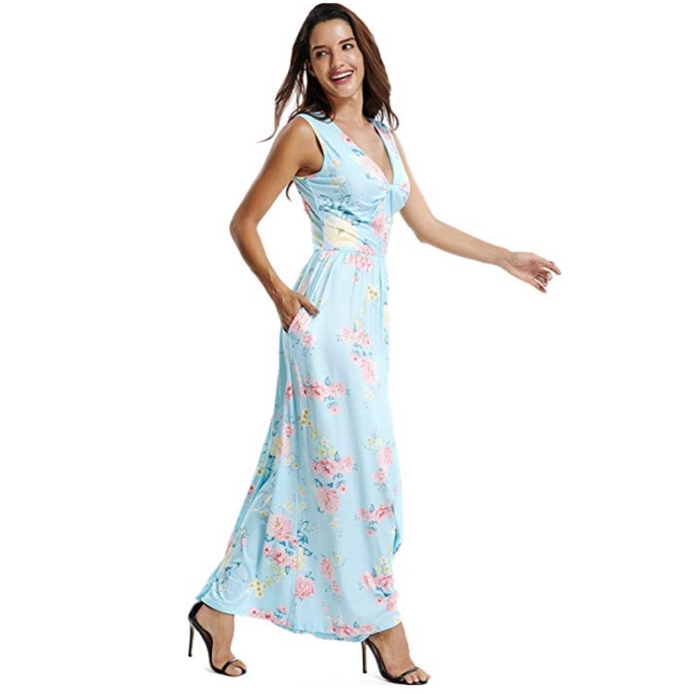 Sky Boho Sleeveless Floral Print Pocket Maxi Dress